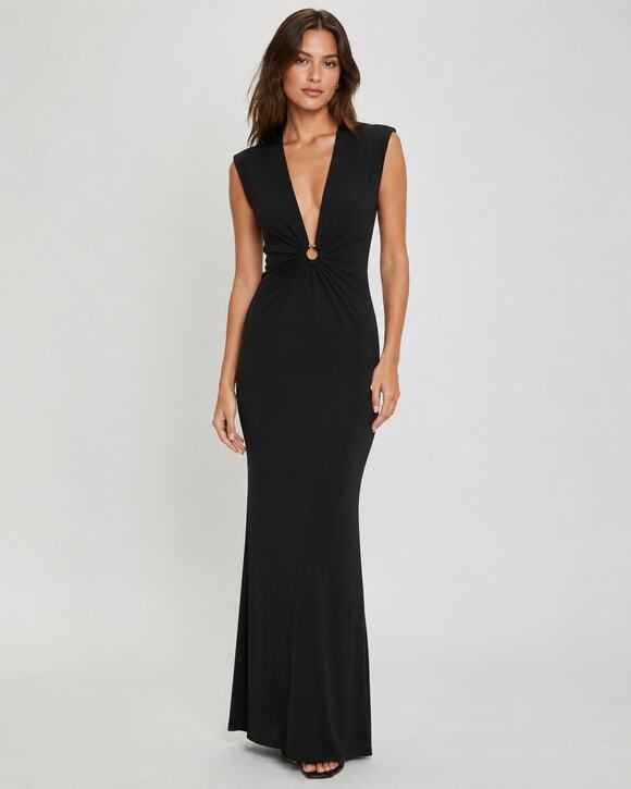 BCBGMaxAzria Dresses & Skirts - BCBGMAXAZRIA Black Rayon Plunge Neck Ruched Maxi Dress Size M Y2K
